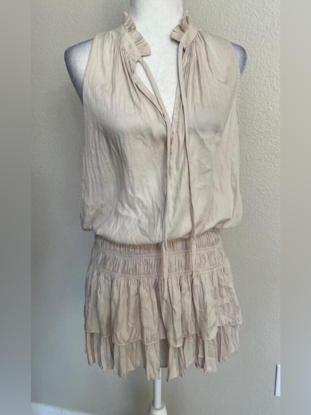 Mustard Seed ~ Beige ~ Mini Dress ~ Ruffle-Trim ~ Boho ~ Thin & Flowy
